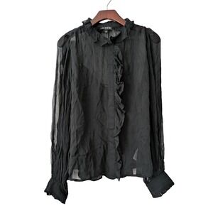 J. Crew Ruffle Button-Up Shirt in‎ Crinkle Chiffon Size 8 Black NWOT CF436
